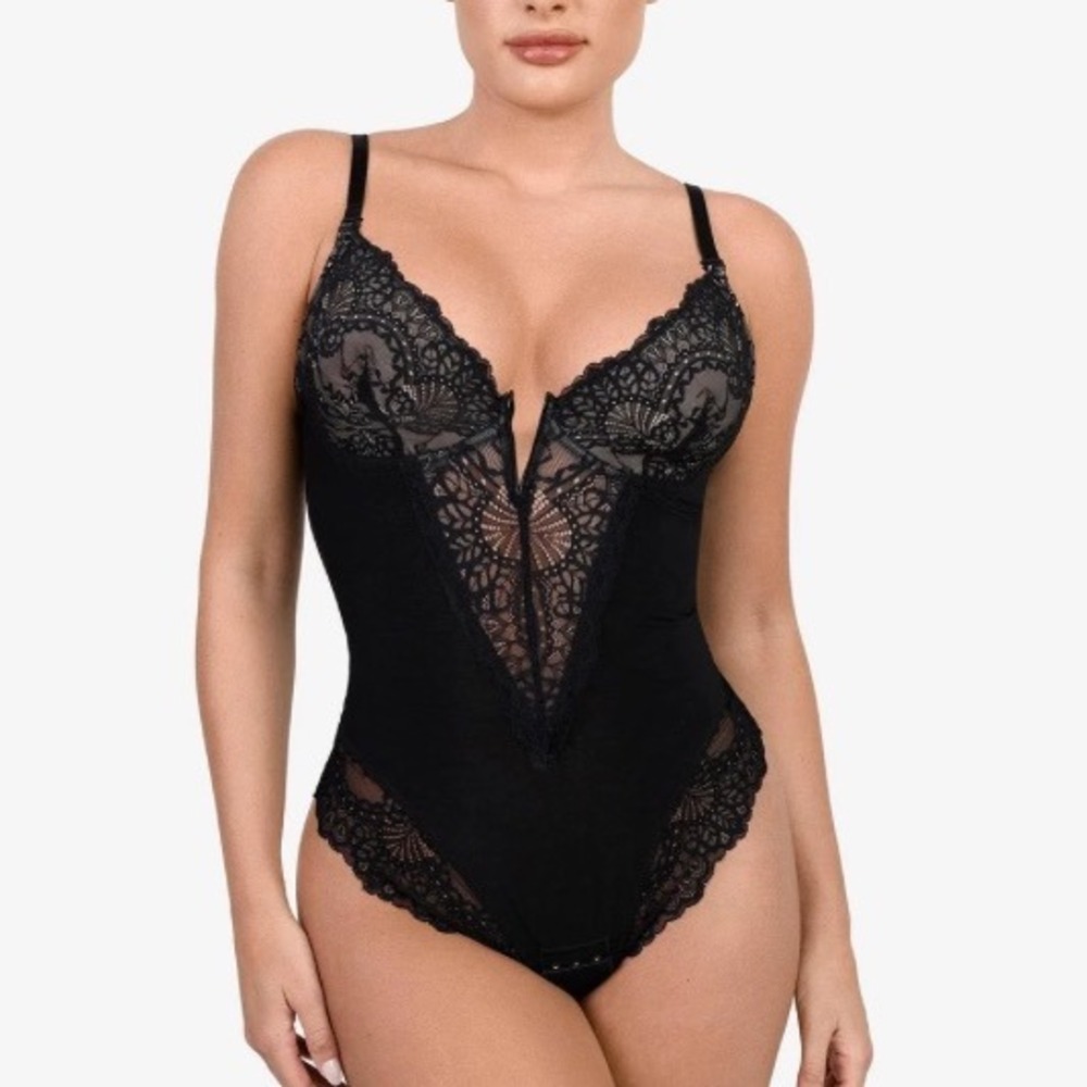 Popilush Black Lace Trim Body Shaper Bodysuit Contour Fit Small New With‎ Tags